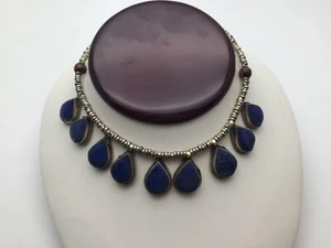 Antiguo collar de lapislázuli ovalado azul de plata de ley - Imagen 1 de 9