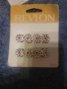 1997 Vintage REVLON Fashion Barrette Metallo Fiore NOS Confezione da 2 Argento Rosso - Foto 1 di 2