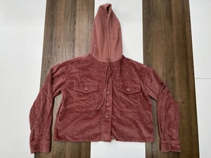 American Eagle Womens S Pink Cropped Corduroy Jacket Hooded Button Up Drawstring - Picture 1 of 10