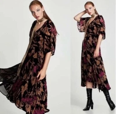 ZARA Devore Velvet Burnout Wrap Midi Dress Size M - Image 1 of 4