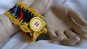 HANDMADE STATEMENT BRACELET FABRIC WITH YELLOW CROCHET NO METAL NO STONE GIFT - Picture 1 of 12