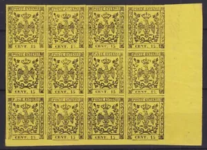 MODENA 1852 BLOCCO 15 CENTESIMI GIALLO VIVO N.3a 12 VAL. G.I MNH** CERT. COLLA - Foto 1 di 3