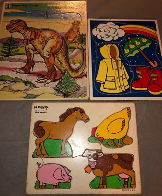 Lote de rompecabezas de madera vintage bandeja marco preescolar animal prehistórico clima tormentoso Foto 1 de 4