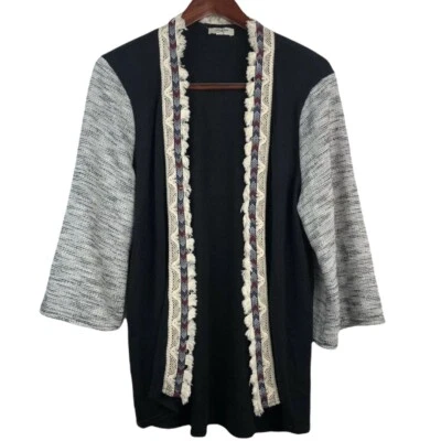 Umgee Oversized M Open Cardigan Sweater Boho Mix Materials Lace Trim Black Gray - Image 1 of 4