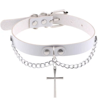 Allacki PU Leather Choker Collar with Cross Pendant Punk Style Chain Necklace - Image 1 of 4