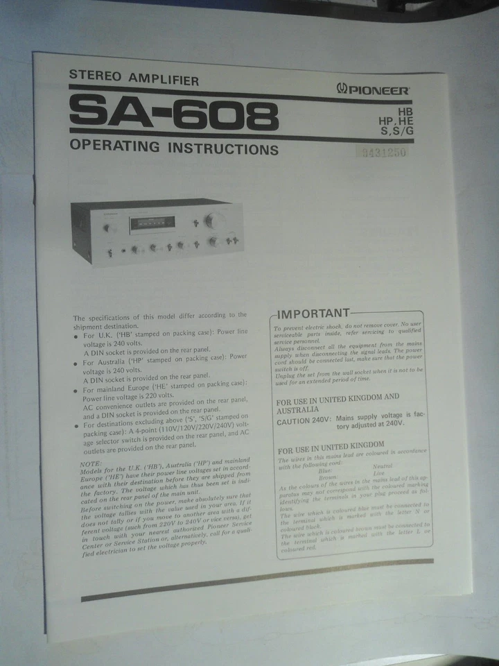 PIONEER SA-608 -  MANUALE DI ISTRUZIONI - TESTI IN LINGUA INGLESE - NO ITALIANO - Immagine 1 di 1
