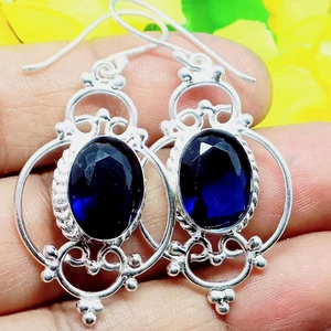 Blue Sapphire Gemstone lab created Dangle Earring, 925 Silver Handmade Earring - Picture 1 of 6