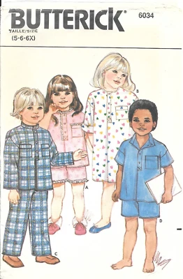 Uncut Butterick Sewing Pattern #6034 Children's Nightshirt Top Pants Shorts 5-6X - Image 1 of 2