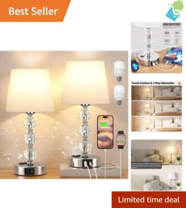Set of 2 Crystal Bedside Lamps - 3-Way Touch Dimmable USB Bedroom Table Lights - Picture 1 of 9