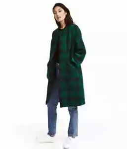 H&M Coat 8 Green Blue Plaid Felt Quilted Liner Long Line Full Zip Closure NEW - Picture 1 of 14