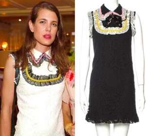 4K New Gucci 2017 Princess Monaco Black Pink Dress 36 38 2 Top Lace Ruffle S XS - Picture 1 of 19