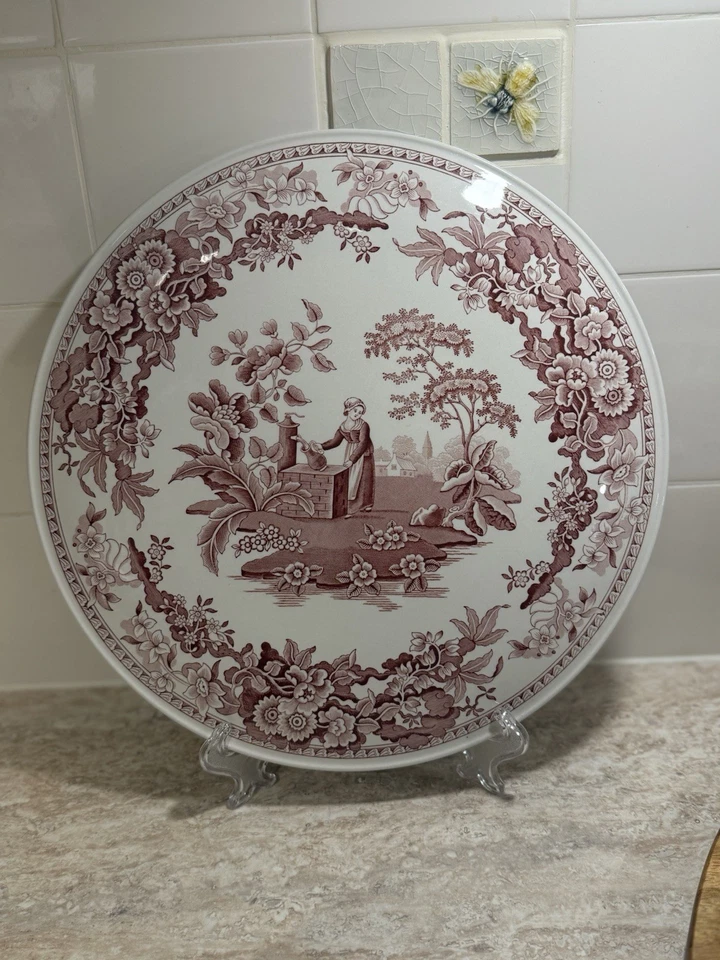 Plato Transferware Spode Archive Collection Girl at Well Raised Pink Cake Plate Foto 1 de 3