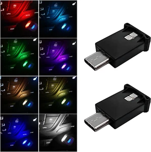2PCS USB Type C LED Ambient Light 8 Colors RGB Dynamic Atmosphere Lamp Car Decor - Photo 1/12