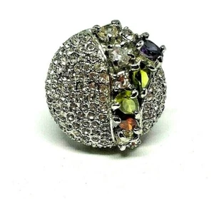 Vintage silver metal rhinestone diamante green/blue crystal ring 1980' Size P - Picture 1 of 8
