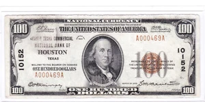 🇺🇸 1929 T1 $100 National HOUSTON TX 🇺🇸 Light Even Circulation 🇺🇸 - Picture 1 of 2