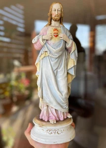 Antique Large Porcelain Statue Religious Jesus Sacred Heart 1900 French 15.5"⭐ - Picture 1 of 13