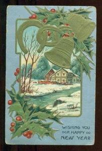 Goldene Hufeisen Glocken Stechpalme Silber WISHING YOU New Year Vintage 1909 Postkarte - Bild 1 von 1