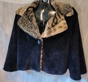 Frankly My Dear Faux Fur Collared Jacket Black W/ Animal Print Collar Size L - Picture 1 of 12