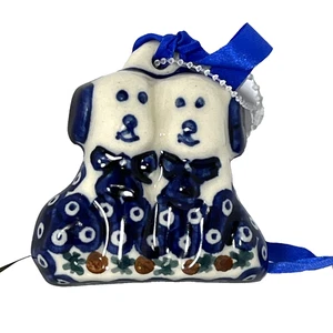 Boleslawiec polnische Keramik 2 sitzende Hunde Ornament blau weiß - Bild 1 von 11