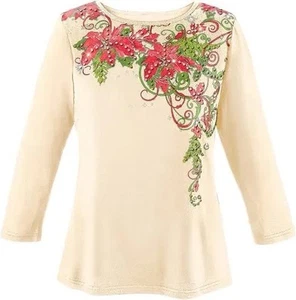 Collections Etc. Women's Poinsettia Sequin Christmas Top with 3/4 Sleeve - Picture 1 of 4