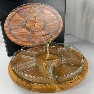 Vintage Vermillion 14" Lazy Susan massive satinierte Eiche, 6 überbackene Glaseinsätze, Bronze - Bild 1 von 9