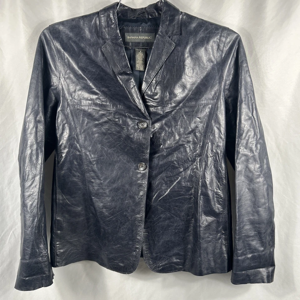 Banana Republic Blazer Size 6 Navy Leather 2 Button Jacket Womens Y2K Vintage - Image 1 of 4