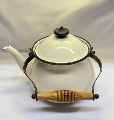 Vintage Lincoware Solid Cream Color Wooden Handle Kettle Teapot Enamel & Metal - Image 1 of 4
