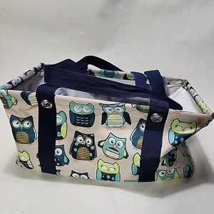 Thirty One Medium Utility Tote Hoo’s Happy Owls Tan and Blue Clean - Picture 1 of 7