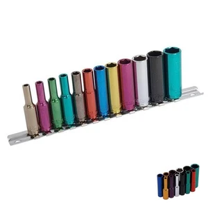 Socket Set Deep Drive Set With Rail Coloured Long Reach 12Pc 4-13mm 1/4" Ratchet - Picture 1 of 8