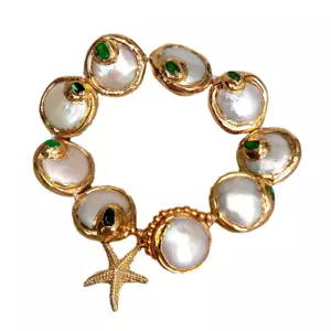 Freshwater Cultured White Coin Pearl Green Crystal Bracelet Seastar Charm - Picture 1 of 6