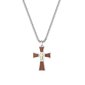 Men's Classical Stainless Steel Double Cross Wood Inlayed Pendant Necklace Chain - Picture 1 of 21