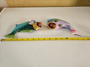 Mexiko Volkskunst Ton Keramik 2 Fisch Figuren handgefertigt signiert Badezimmer Dekor 7" - Bild 1 von 17
