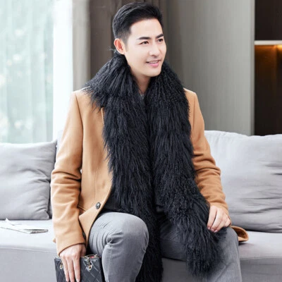 Lenço xale masculino de pele de cordeiro mongol real envoltórios lado duplo preto - Imagem 1 de 4