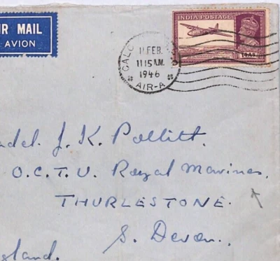 INDIA Air Mail Cover ROYAL MARINES Officer Training Thurlestone 1946 Devon YX235 - Image 1 of 4