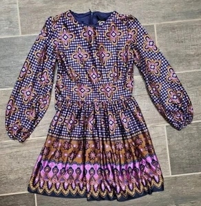 Vintage XS womens long-sleeved mini length dress, measurements pics,purple/navy  - Picture 1 of 21