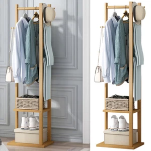Bamboo Garment Coat Clothes Stand Rack Hat Shoe Wooden Hanger Holder Shelf Tidy - Picture 1 of 12