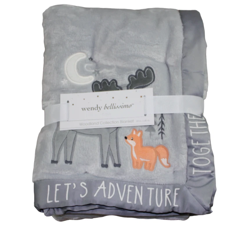 Manta de bebé Wendy Bellissimo Woodland Collection Moose Fox gris borde satinado nueva con etiquetas Foto 1 de 4