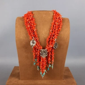 Collana Corallo Rosso Argento Pietre Naturali Da Donna Collezione Vintage XX Sec - Foto 1 di 17