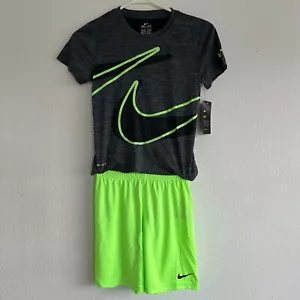 Nike Kids 2 Piece Set 7 Youth Shirt & Shorts Dri-FIT Grey/Black/Neon Green - Picture 1 of 12