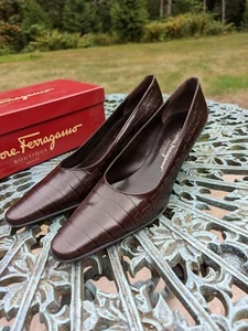 Salvatore Ferragamo Espresso Calf Croco Print Shoes Made in Italy Size 9.5 AA - Picture 1 of 12