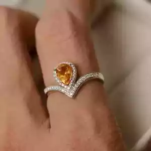 2Ct Pear Cut Lab-Created Citrine Women's Engagement Ring 14K White Gold Plated - Picture 1 of 8