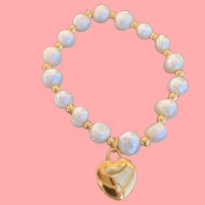 Сладкий 16 эластичный браслет | пресноводный жемчуг + золотой сердце подвеска | подарок новый - Изображение 1 из 4