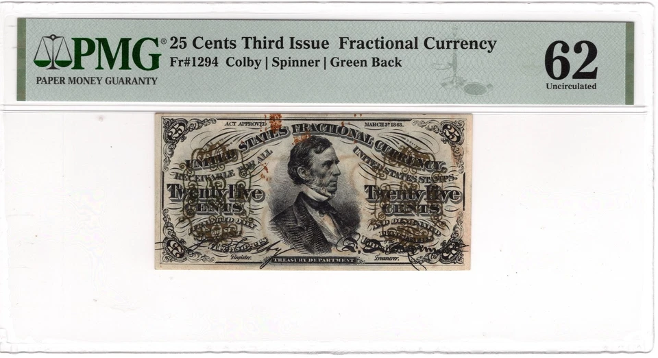 25c 3rd Issue Colby Spinner Fractional Currency Fr#1294 PMG Choice Unc 62 - Image 1 of 4