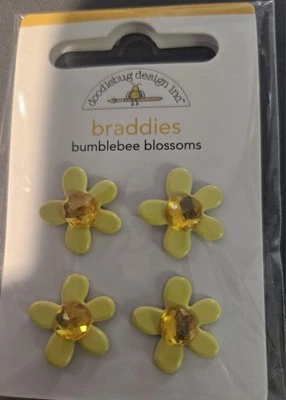 Crafts Doodlebug Brads Braddies 4- Lily Yellow Blossoms Gem Centers - Image 1 of 2