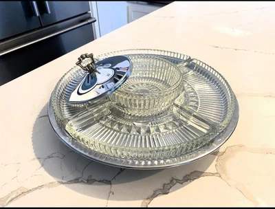 Vintage Kromex Chrome & Glass Lazy Susan Relish Tray Serving Set - Image 1 of 4
