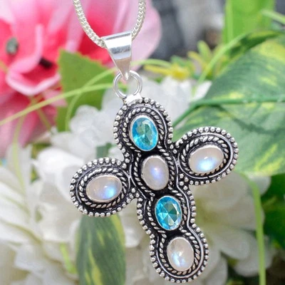 Ciondolo regalo di Natale in argento sterling 925 croce con pietra di luna... - Immagine 1 di 4