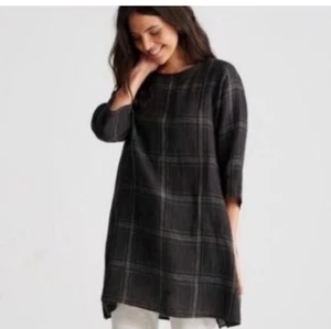 Top túnica Eileen Fisher XXS talla grande talla M lino orgánico negro a cuadros Lagenlook - Imagen 1 de 17