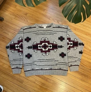 Vintage 80s Medium Eddie Bauer Legends Wool Aztec Crewneck Sweater - Picture 1 of 9