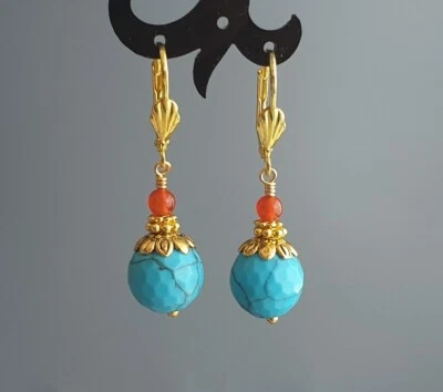 Pendientes Turquesa Howlita y Cornalina Piedra Azul Roja Chapados en Oro Palanca Foto 1 de 3