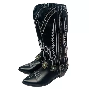 Stivali donna Sparks Fly alti neri pelle argento borchie western misura 7,5 - Foto 1 di 6